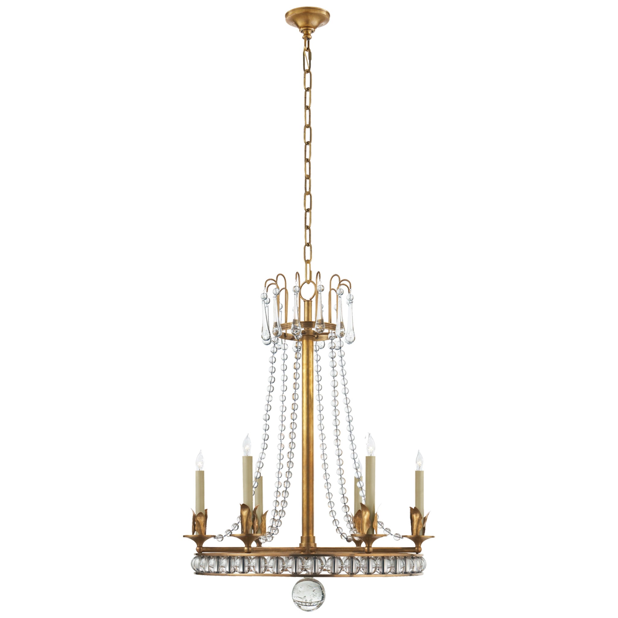 Joe Nye Regency Medium Chandelier in Hand-Rubbed Antique Brass with Seeded  Glass