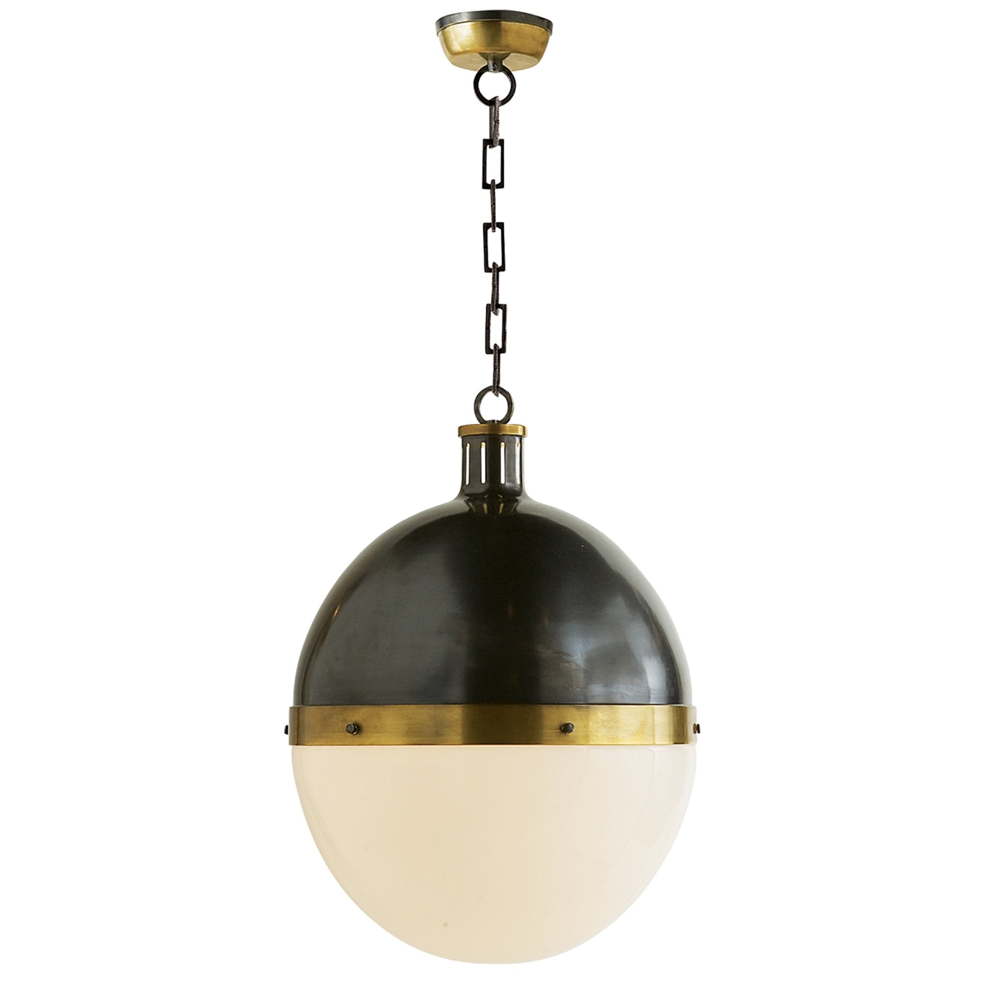 Thomas O'Brien Hicks Extra Large Pendant in Bronze and Hand-Rubbed Antique  Brass with White Glass