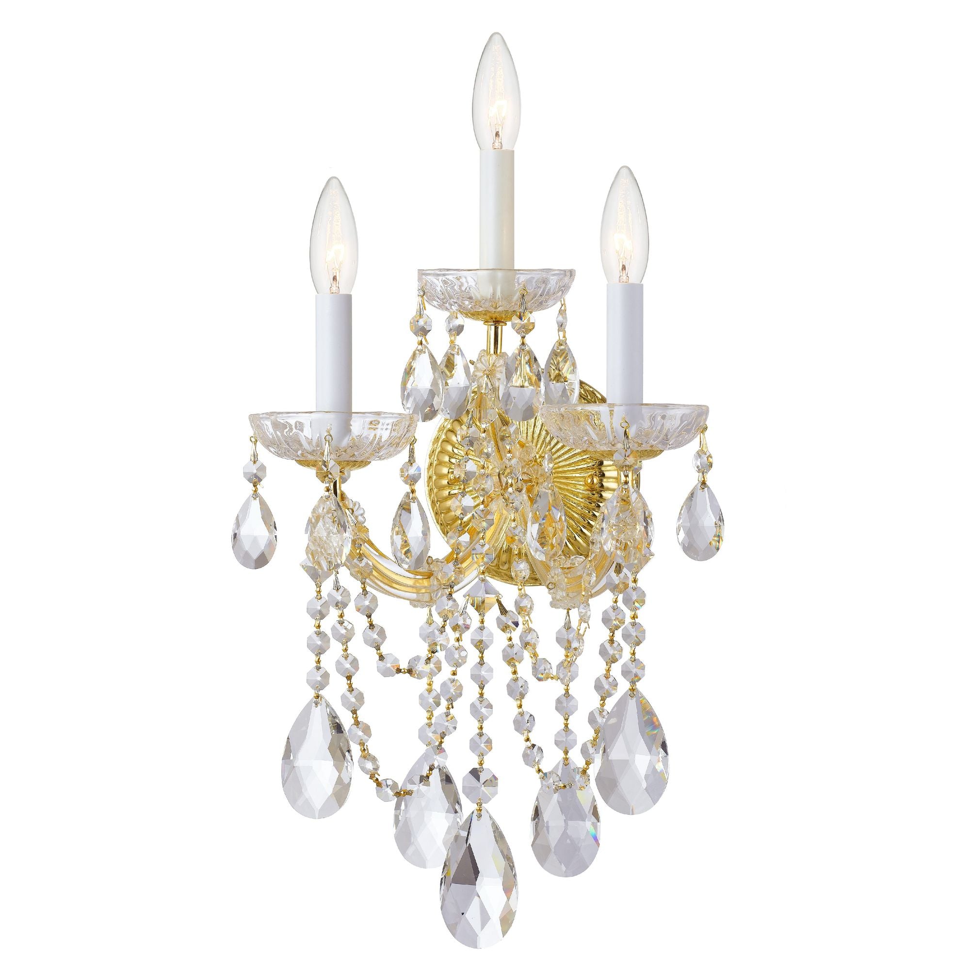 Maria Theresa 3 Light Hand Cut Crystal Gold Sconce Hand Cut Crystal 11"W x 22.5"H x 8"D