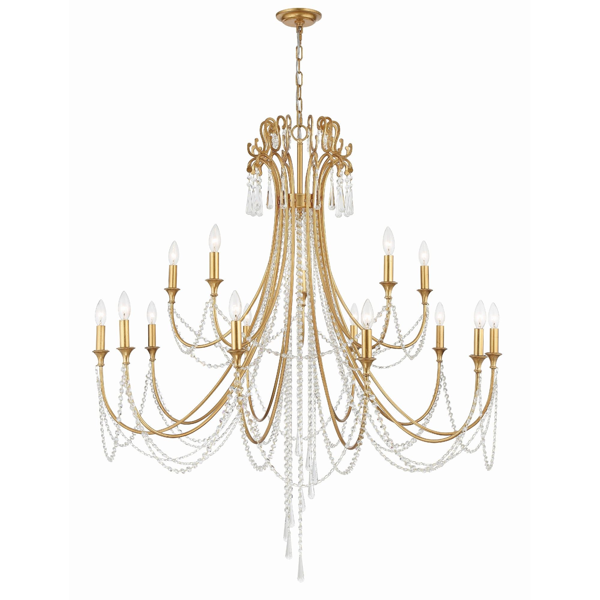 Arcadia 15 Light Antique Gold Chandelier Hand Cut Crystal 46.25"W x 54.75"H x 46.25"D