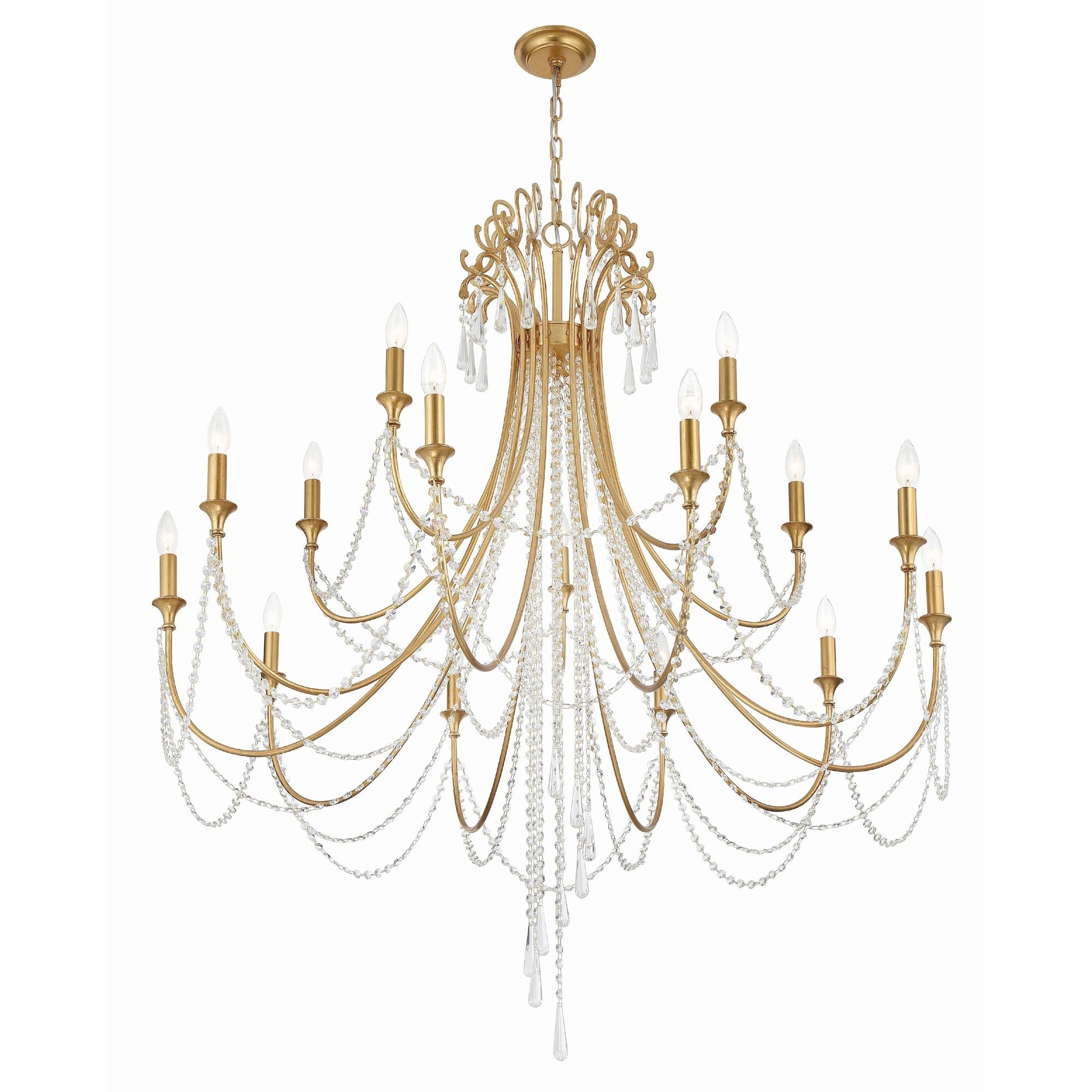 Arcadia 15 Light Antique Gold Chandelier Hand Cut Crystal 46.25"W x 54.75"H x 46.25"D