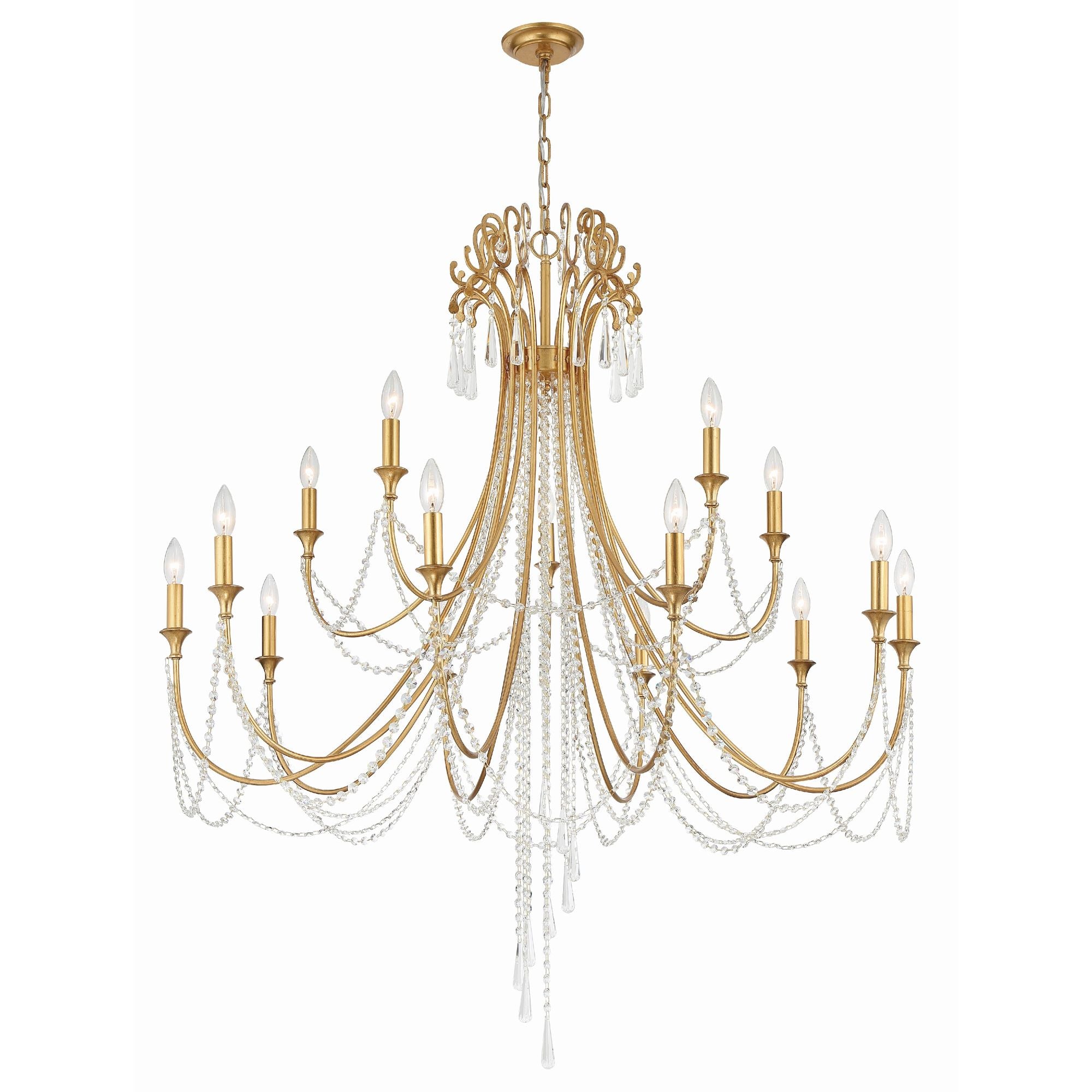 Arcadia 15 Light Antique Gold Chandelier Hand Cut Crystal 46.25"W x 54.75"H x 46.25"D