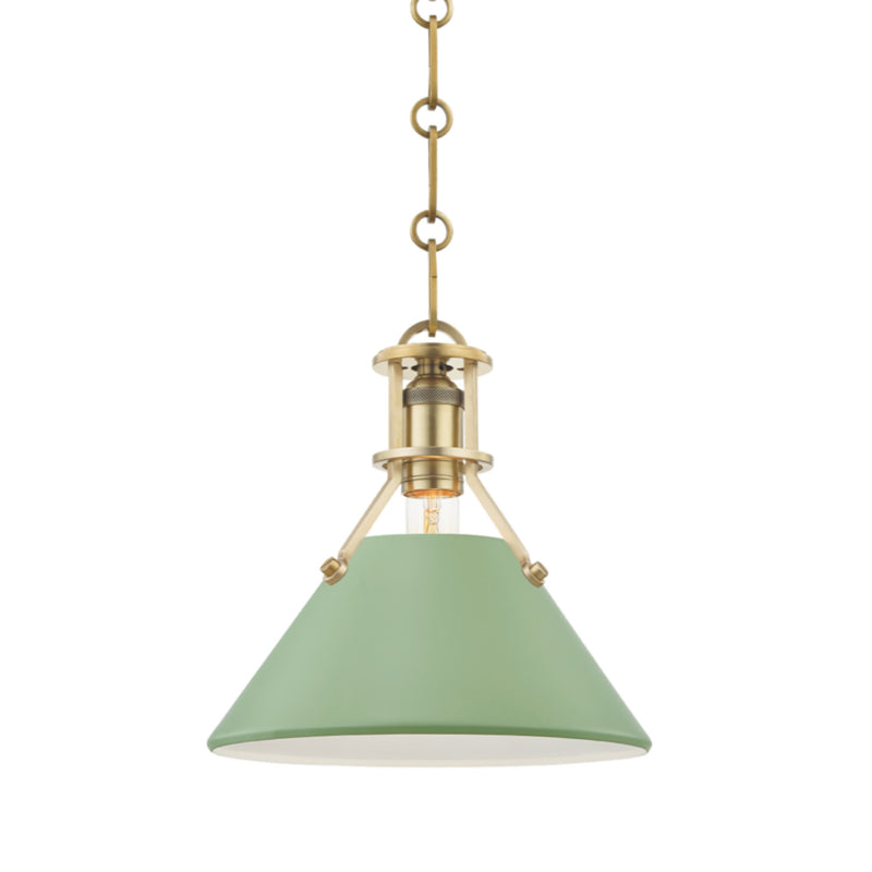 Painted No.2 1 Light Pendant in Aged Brass/leaf Green Combo by