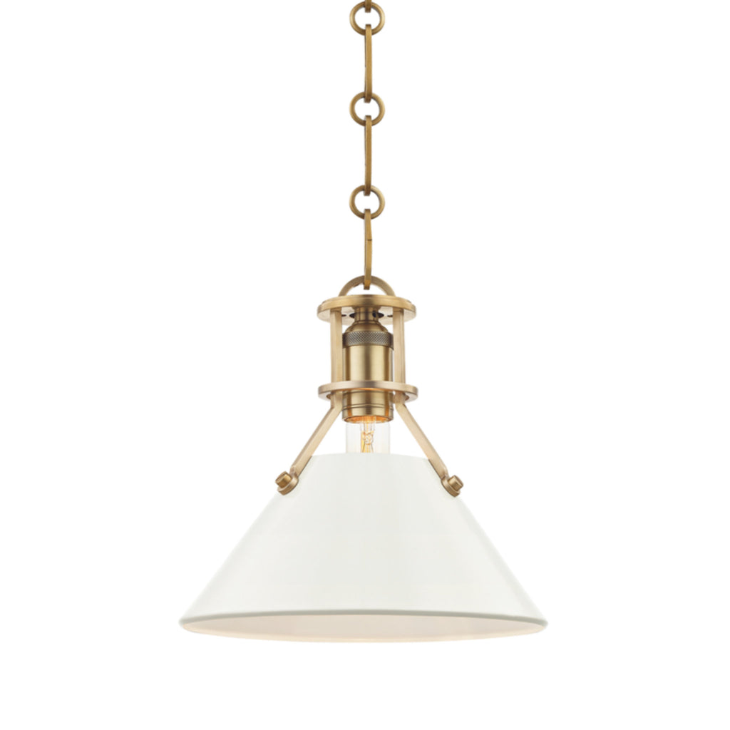 Painted No.2 1 Light Pendant in Aged Brass/off White by Mark D