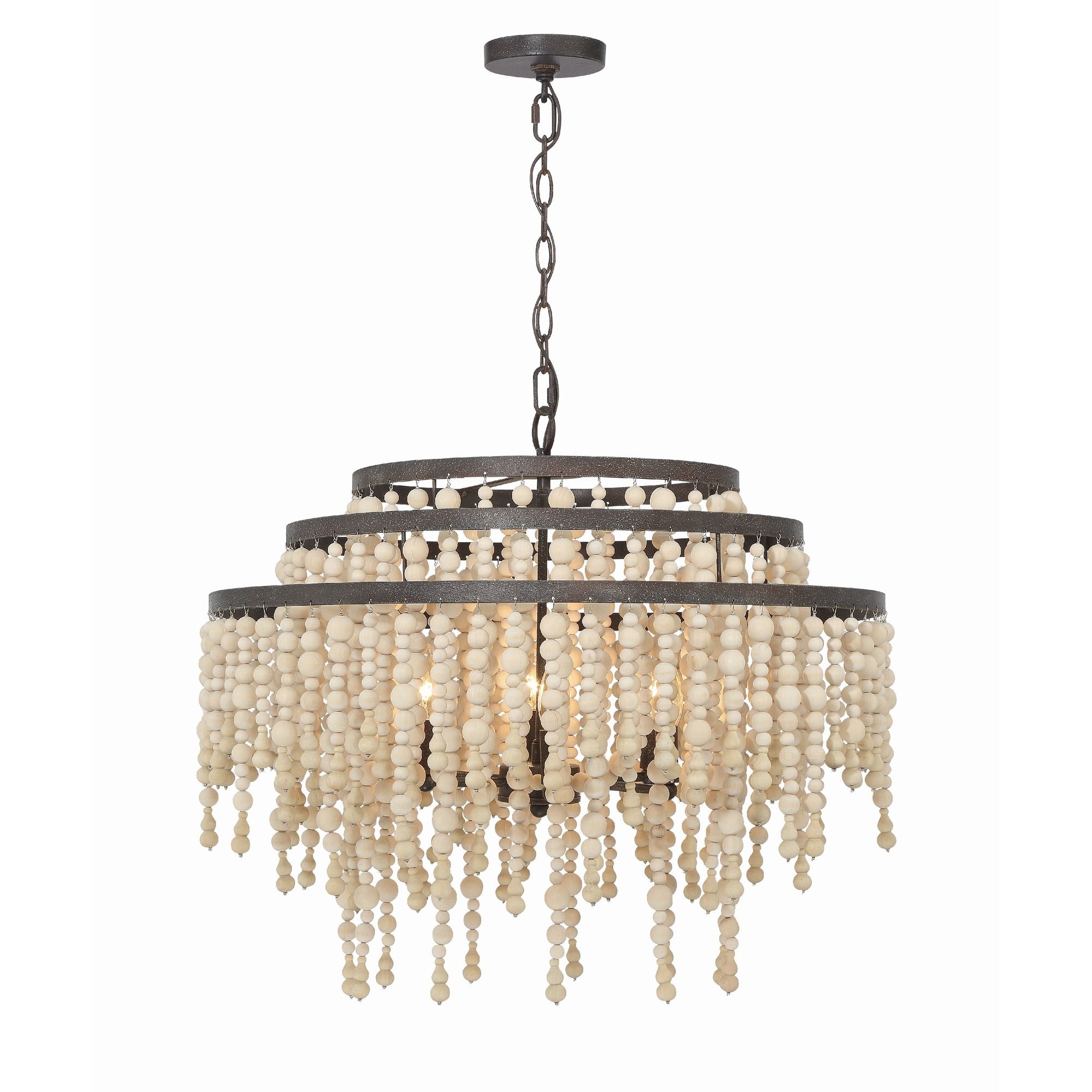 Poppy 6 Light Forged Bronze Chandelier Natural Wood Beads 26.5"W x 21.25"H x 26.5"D