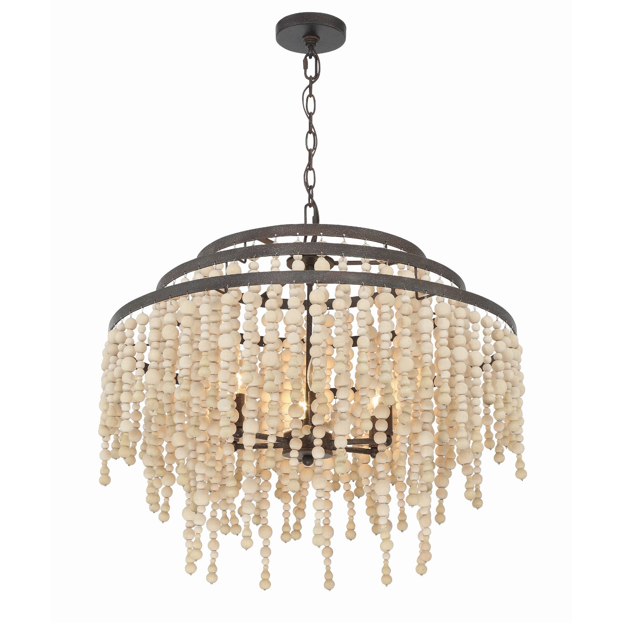 Poppy 6 Light Forged Bronze Chandelier Natural Wood Beads 26.5"W x 21.25"H x 26.5"D