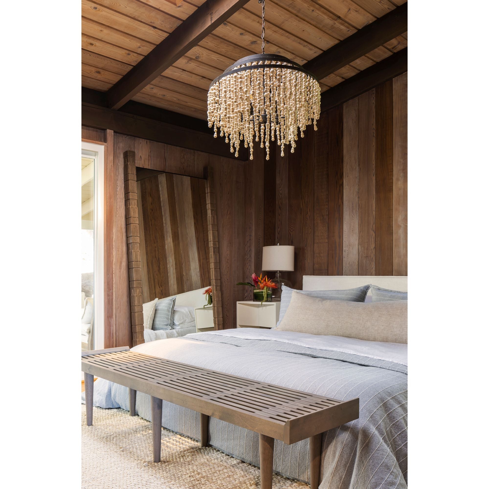 Poppy 6 Light Forged Bronze Chandelier Natural Wood Beads 26.5"W x 21.25"H x 26.5"D