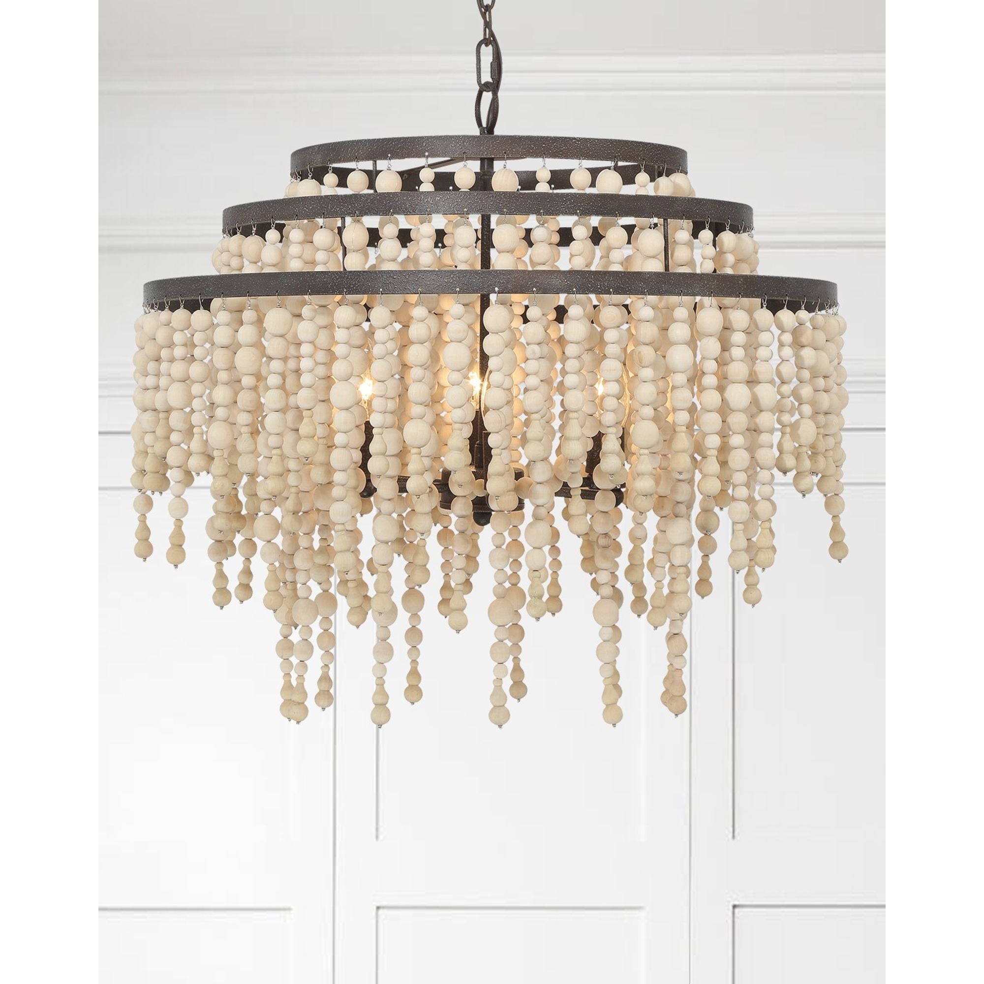 Poppy 6 Light Forged Bronze Chandelier Natural Wood Beads 26.5"W x 21.25"H x 26.5"D