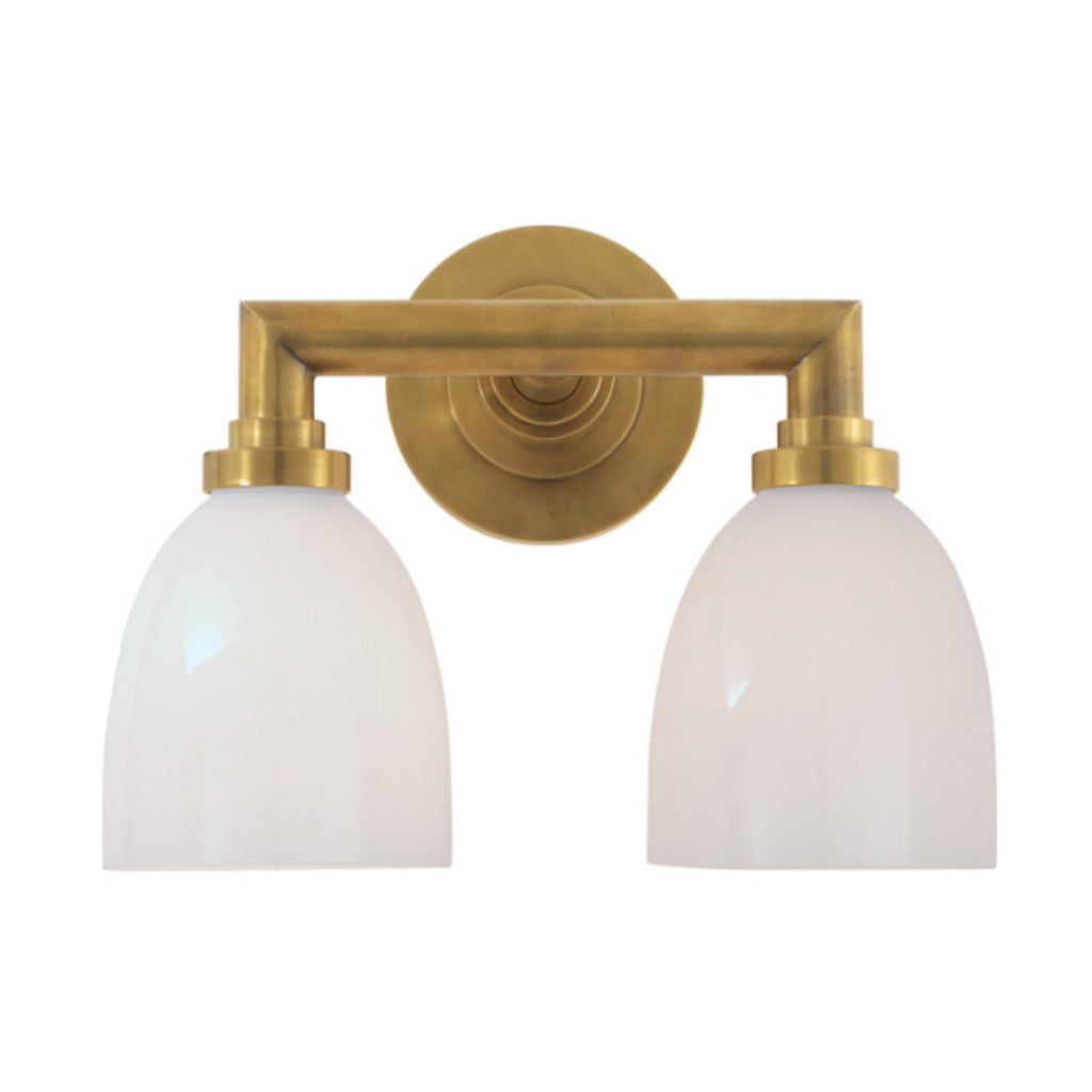 Chapman & Myers Wilton Double Bath Light in Hand-Rubbed Antique Brass with  White Glass