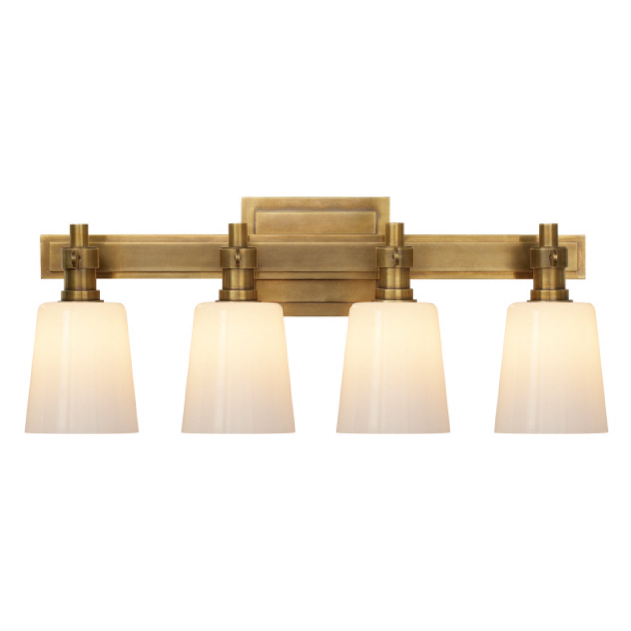 Thomas O'Brien Bryant Four-Light Bath Sconce in Hand-Rubbed Antique Brass with White Glass