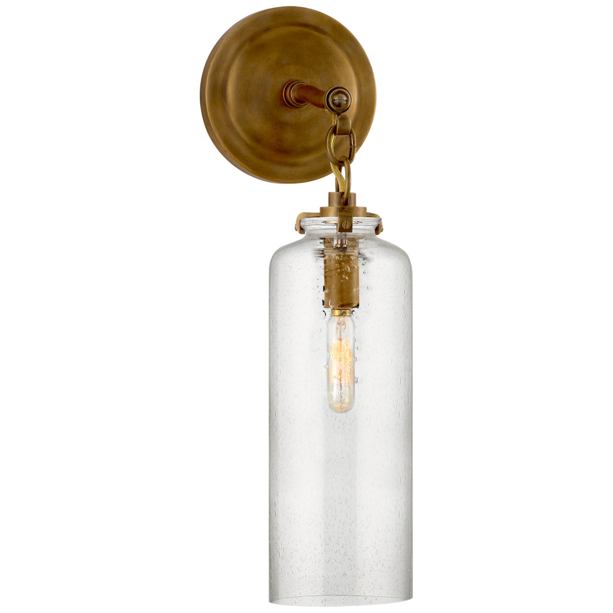 Thomas O'Brien Katie Small Cylinder Sconce in Hand-Rubbed Antique Brass with Seeded Glass