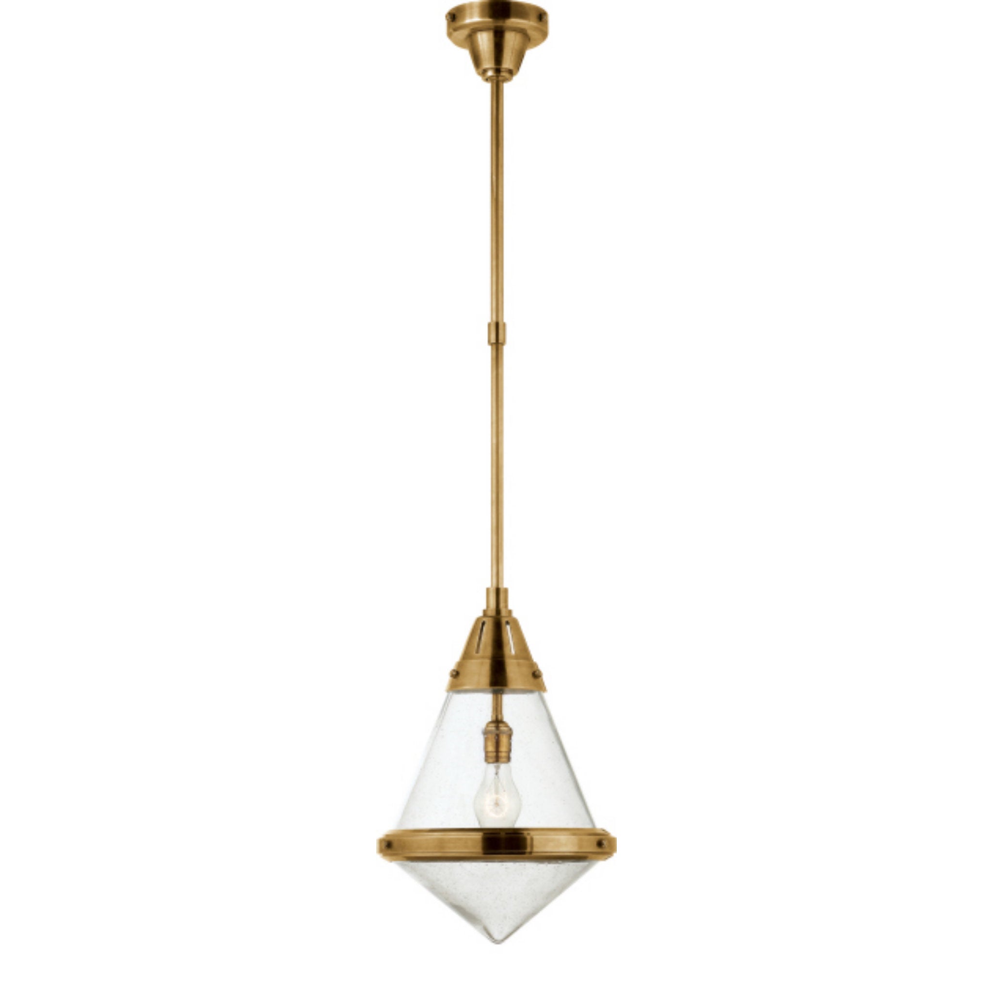 Thomas O'Brien Gale Small Pendant in Hand-Rubbed Antique Brass with Seeded Glass