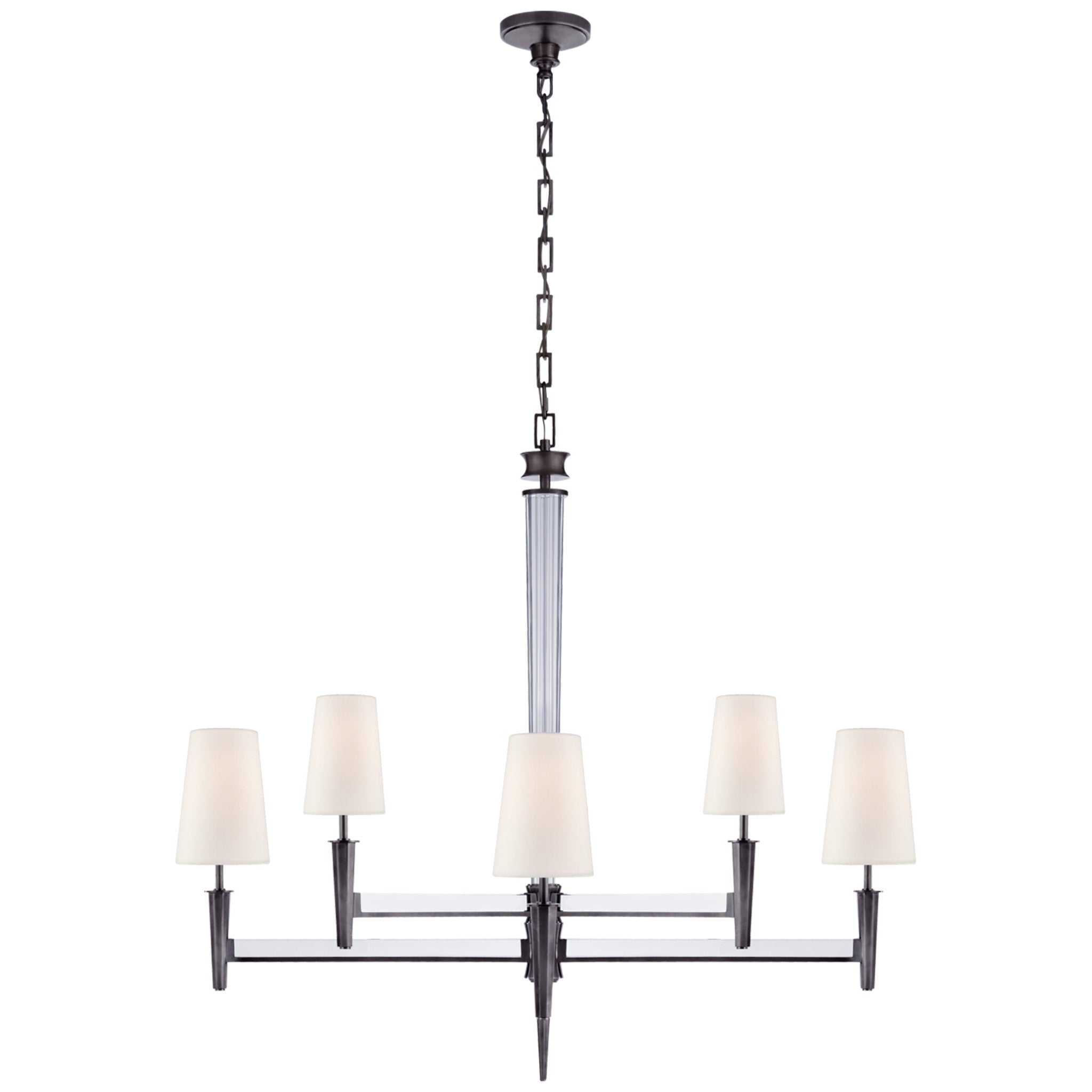 Thomas O'Brien Lyra Two Tier Chandelier in Bronze and Crystal with Linen Shades